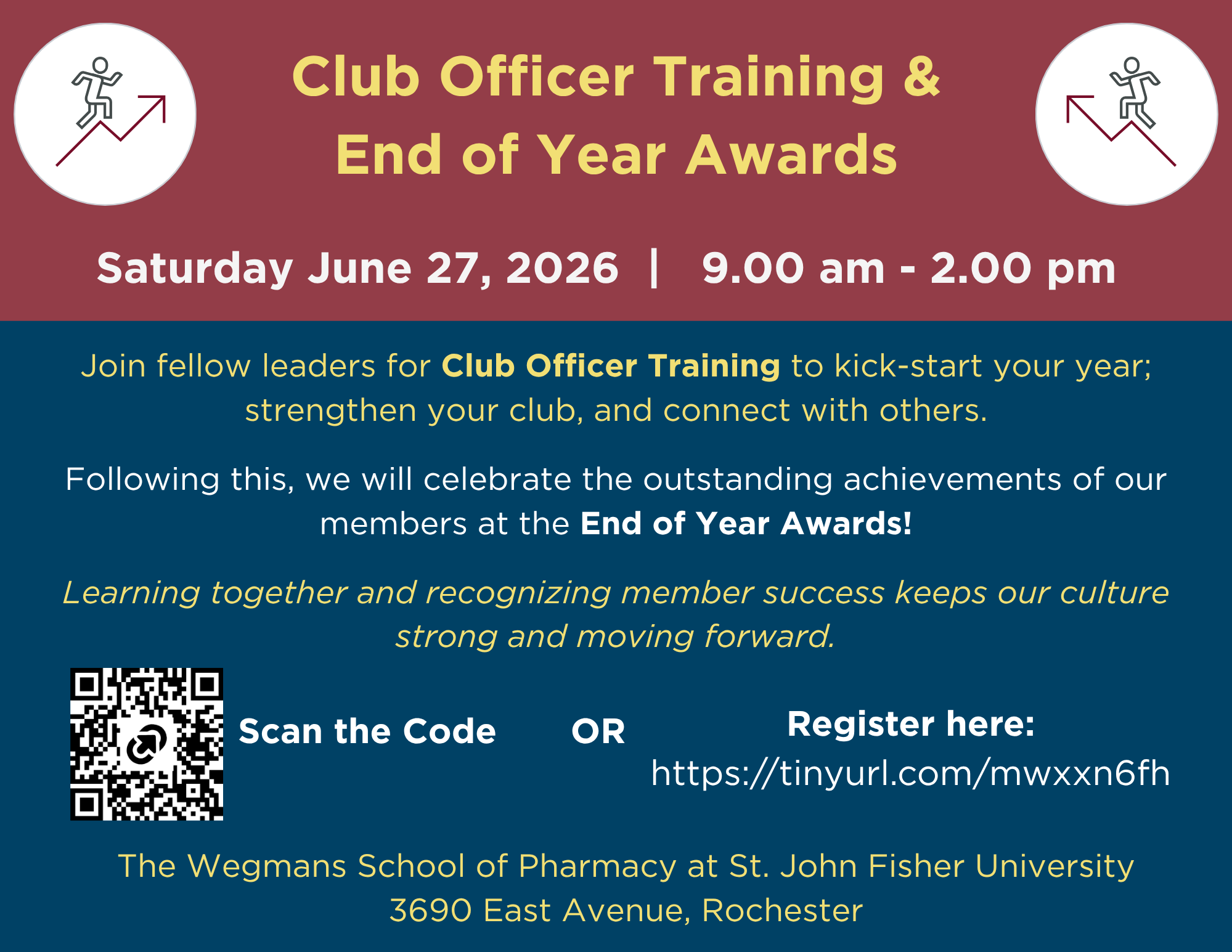 COT June 2026 Flyer for Club Officer Training and End of Year Awards on June 27, 2026, 9am–2pm at The Wegmans School of Pharmacy at St. John Fisher University 3690 East Avenue, Rochester.