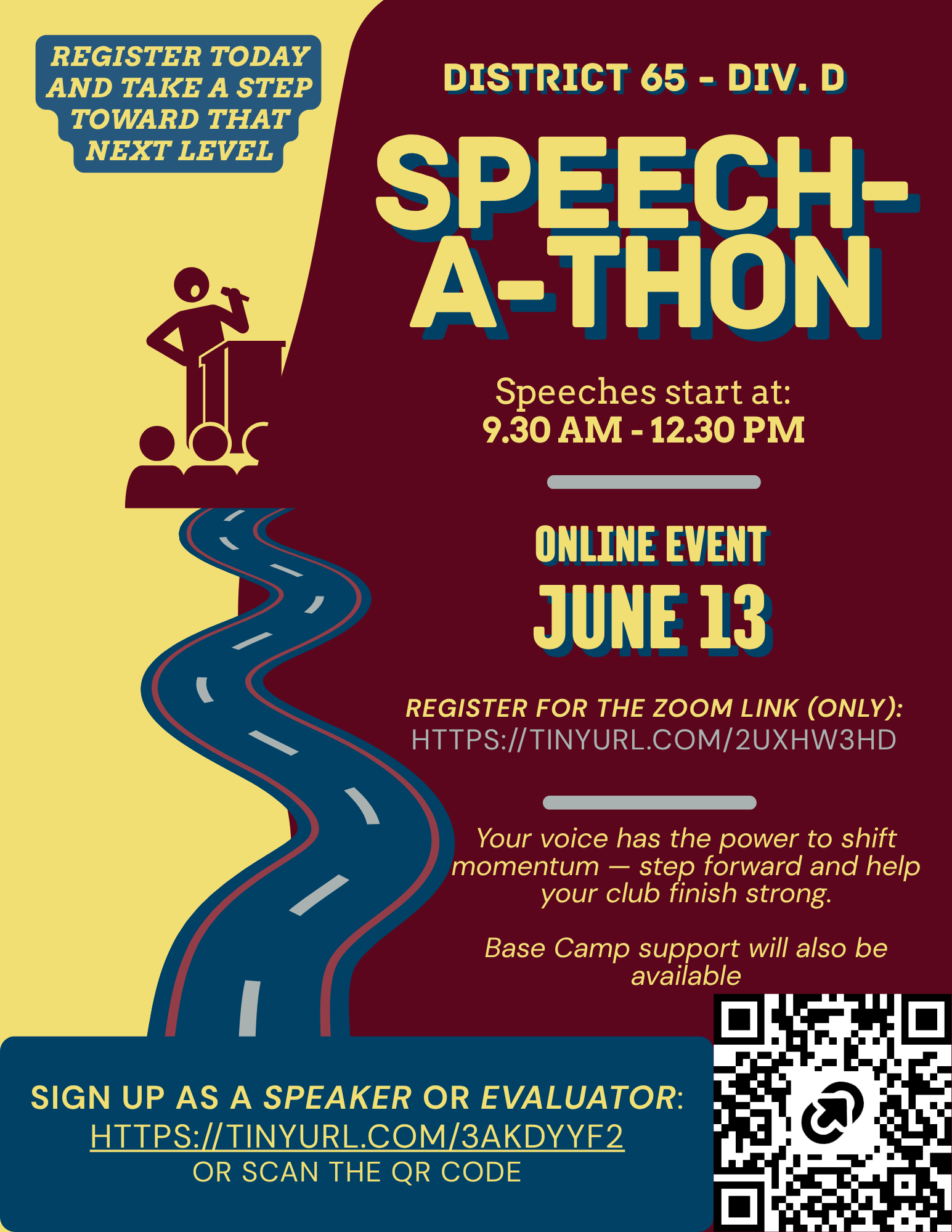 district 65 (3) (002) Promotional poster for District 65 Division D Speech‑A‑Thon on June 13. Online event with speeches from 9:30 AM to 12:30 PM. Includes registration links for the Zoom event and for signing up as a speaker or evaluator.